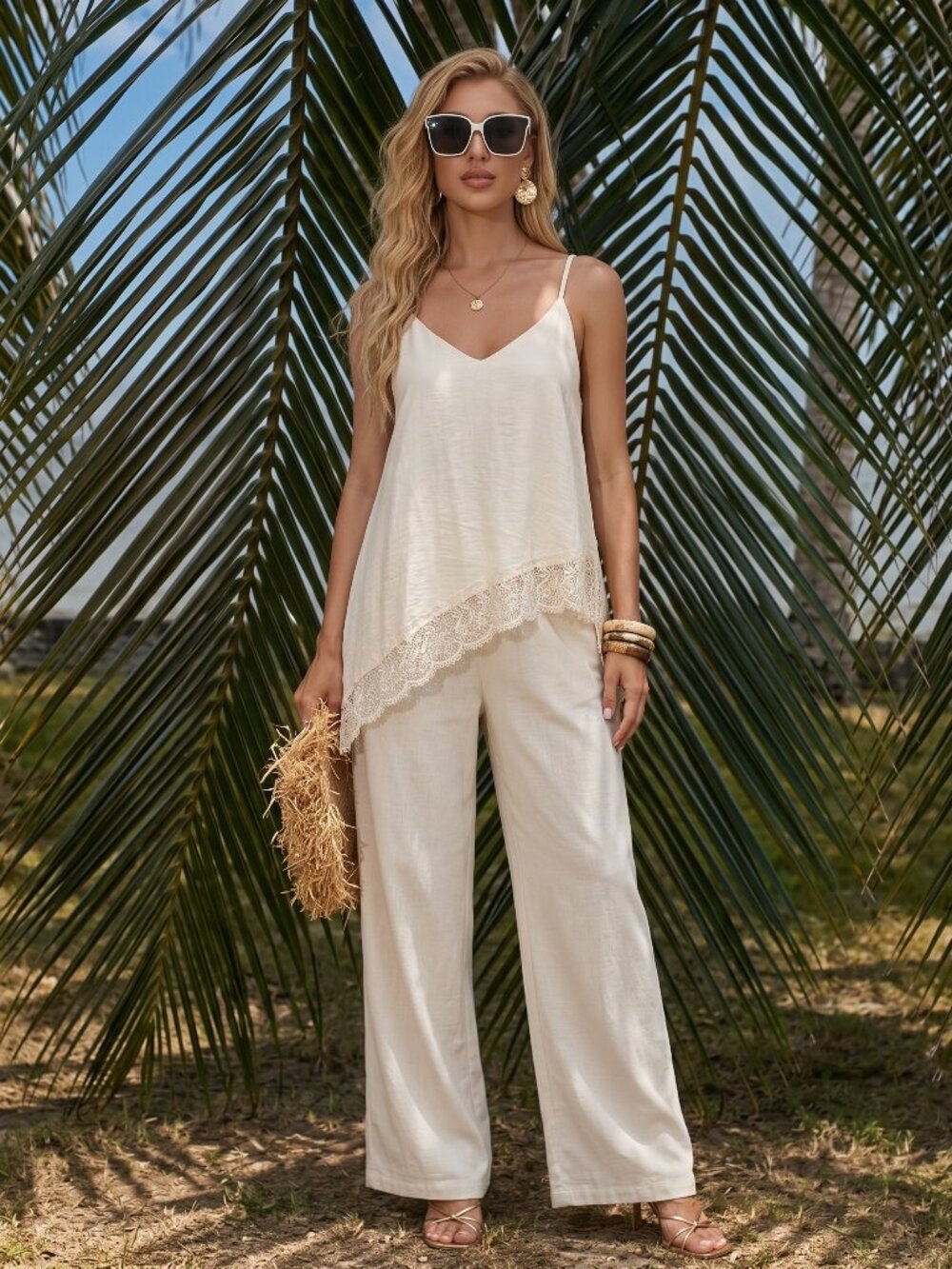 Women's Beige Boho Lace Trim 2 Piece Set Cami Top Wide Leg Pants Resort Vacation